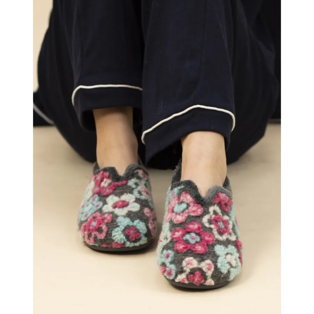 Lunar Shoes Chausson Complet Hippie Gris Fleuri- A Enfiler