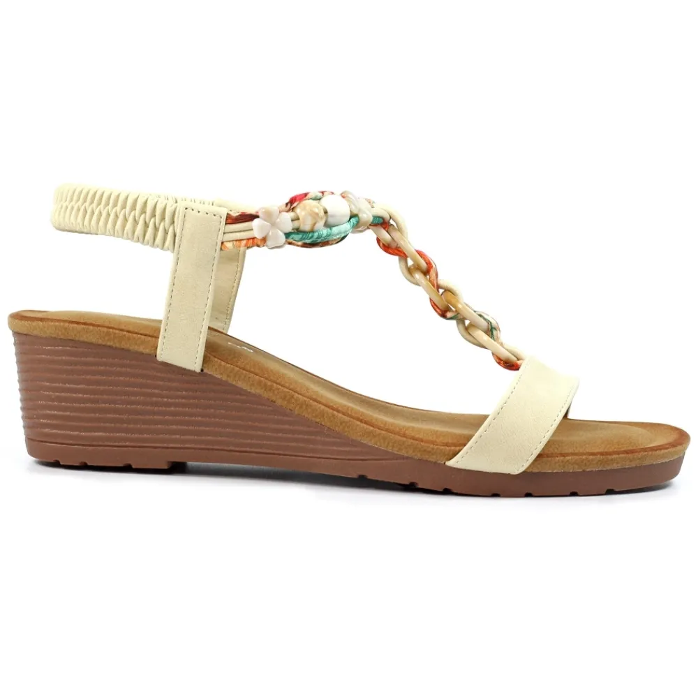 Lunar Shoes Sandale Clémont Beige- Élastique | Barre En T