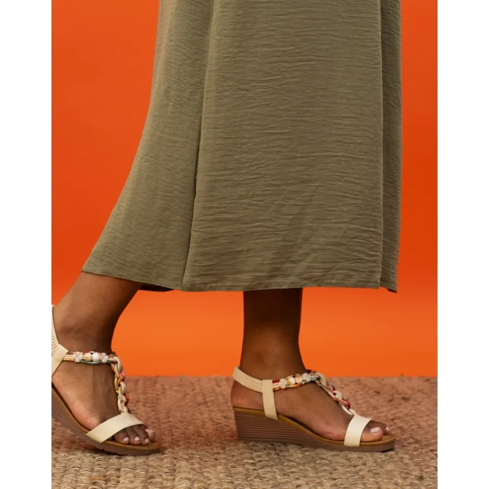 Lunar Shoes Sandale Clémont Beige- Élastique | Barre En T