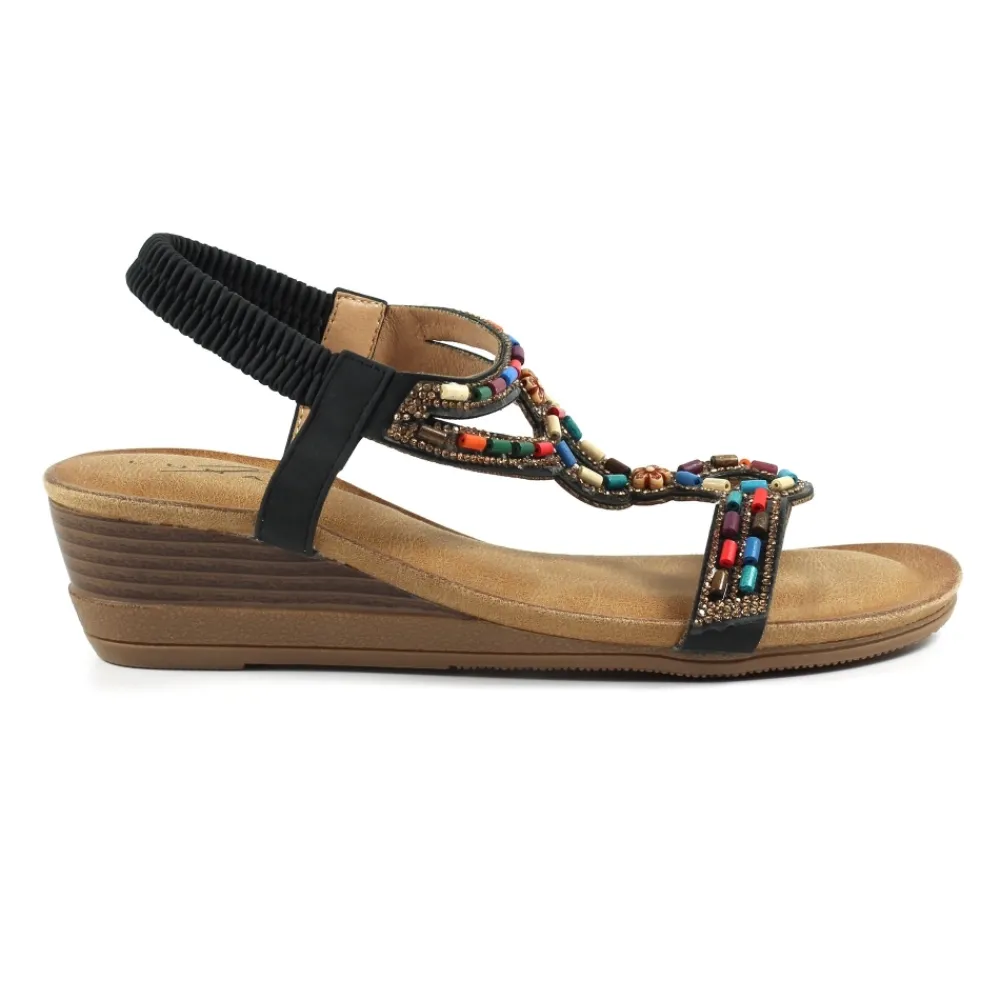 Lunar Shoes Sandale Compensée Noire Epsom- Élastique | Semelle Compensée